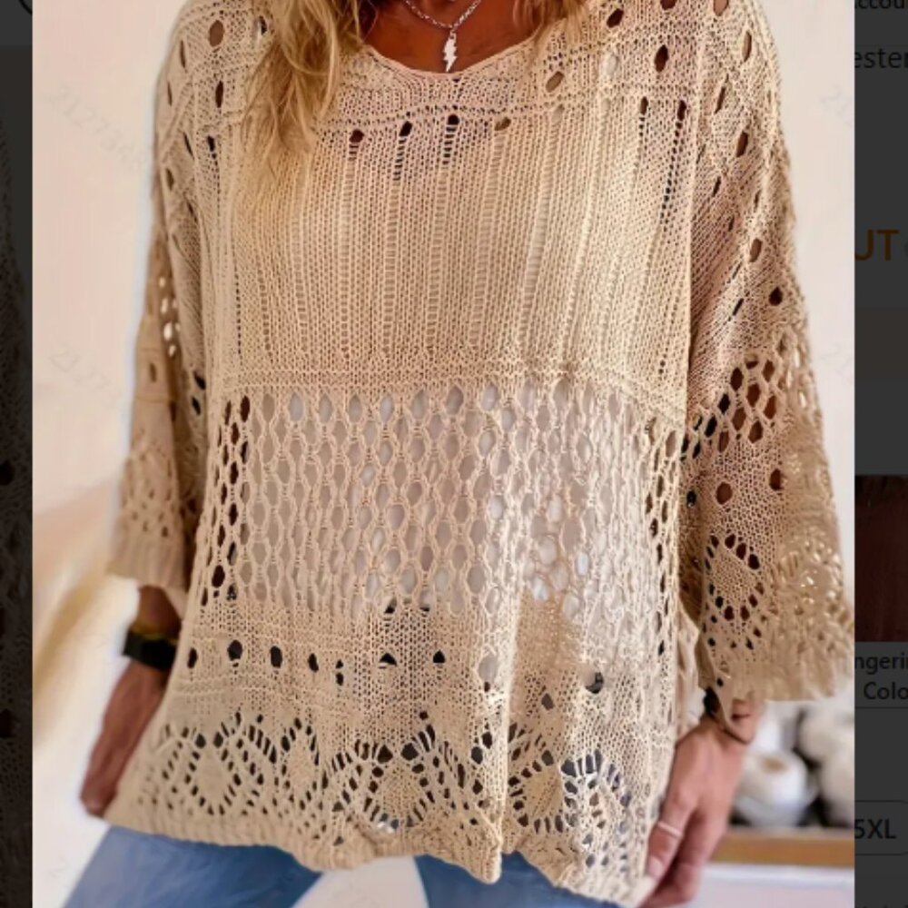 NWOT Beige Open Knit V-Neck Sweater Tunic Lightweight Size XXL